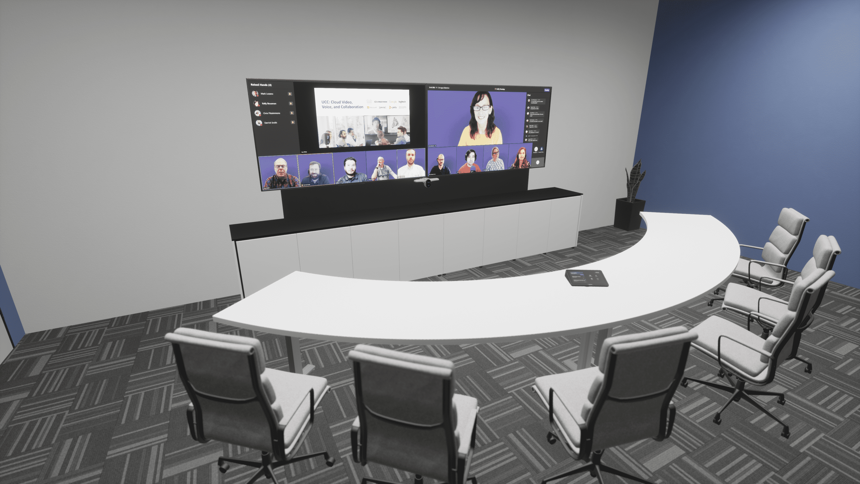 Modern conference room with curved table, 5 chairs, and screen showing a video call. Gray carpet, blue accent walls.
