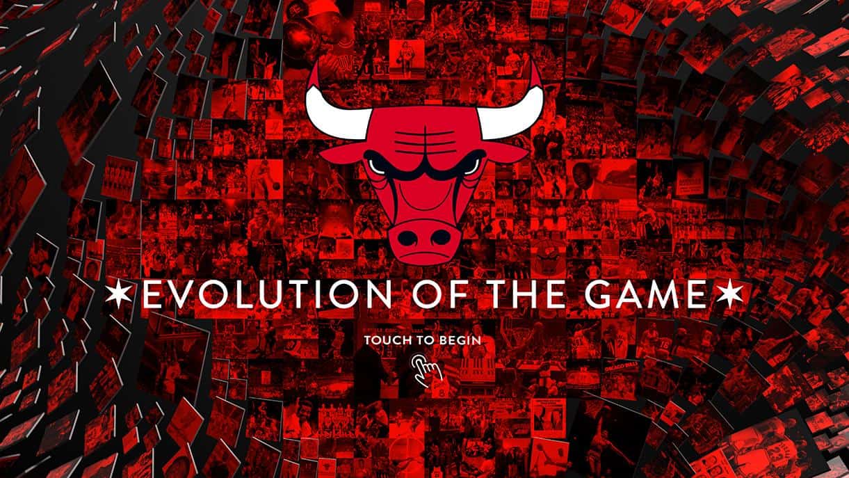 Red Bull logo centered above Evolution of the Game; Touch to Begin below. Red-tinted basketball mosaic background.