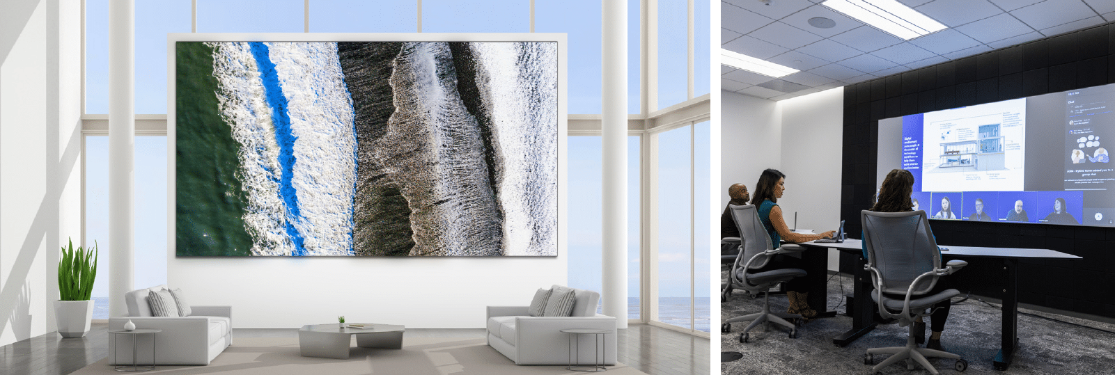 Left: Modern room with ocean wave art. Right: Conference room, people at table, big screen showing virtual meeting.
