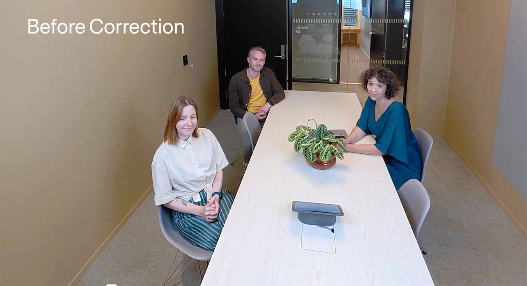 The words "before correction" anchored over image of three people sat in a meeting room.