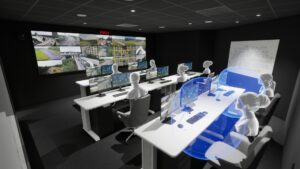 Mural de vídeo panorámico de tres filas en la sala de control, con múltiples flujos de contenido.