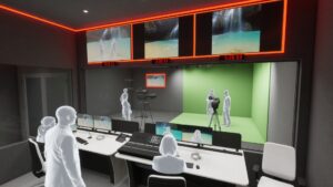 Sala de control de retransmisiones desde la que se ve un pequeño estudio de producción con un fondo verde.
