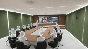 Sala de reuniones con disposición en forma de herradura, frente a una pantalla mural panorámica.